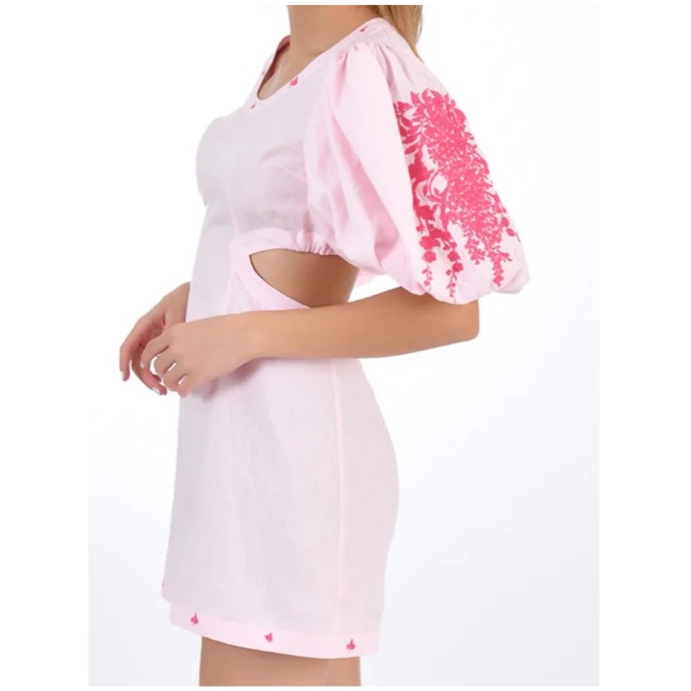 Fanm Mon Achelya Pink Women XS  Linen Embroidered Puff Sleeve Cut-Out Mini Dress